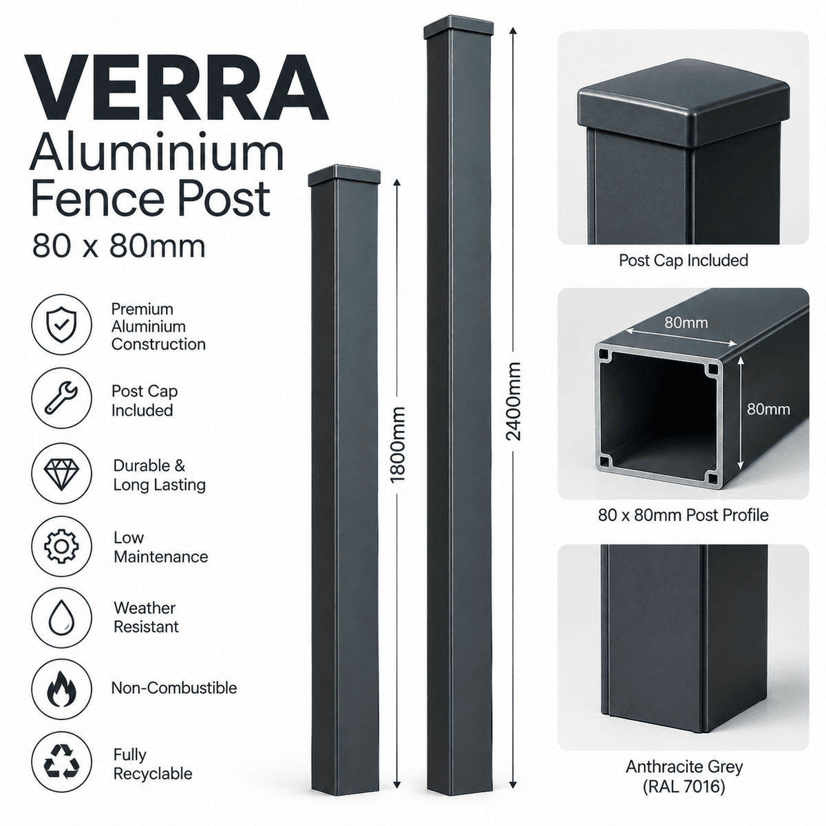 VERRA Aluminium Fence Post | 80x80mm - Verra Outdoors